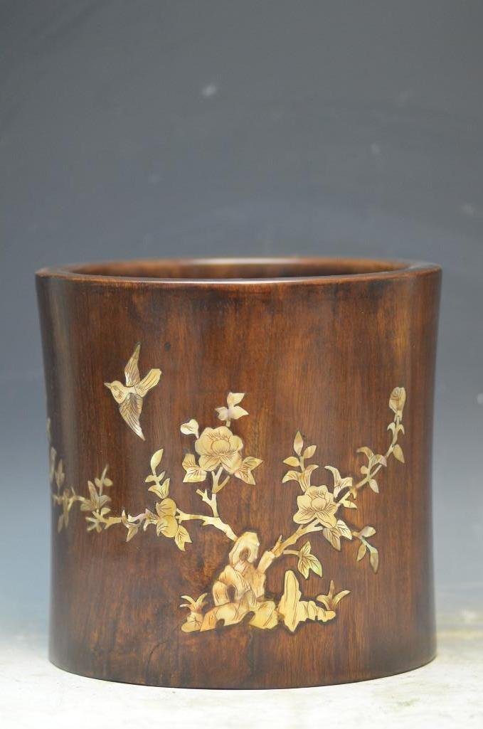 Huanghuali Wood Mother of Pearl Inlaid Brush Pot: Huanghuali Wood Chinese Brush Pot with a detailed Mother of Pearl Inlaid floral scene and Chinese Calligraphy. H: 8.5 inches