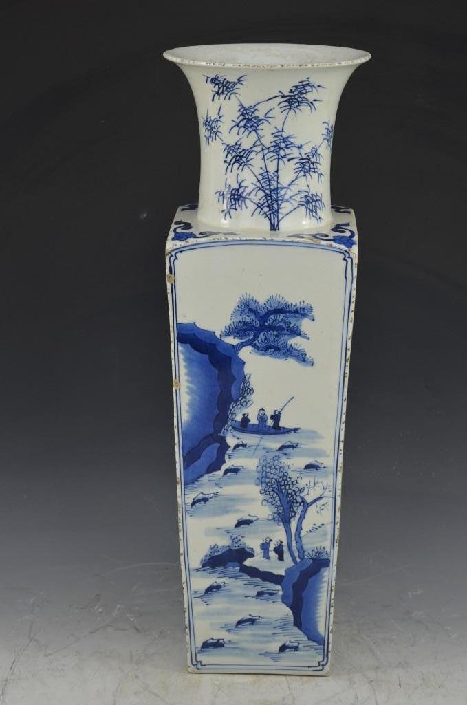 Chinese Blue & White Porcelain Square Vase: Chinese Blue & White Porcelain Square Vase; H: 19.5 Inches
