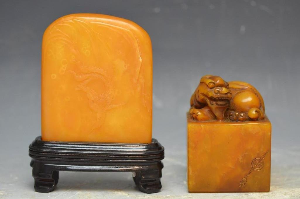 Two Chinese Soapstone Carvings: Two Chinese Soapstone Carvings; One Foo Lion Seal, one Mountain, H = 3.75 Inches (for the mountain)