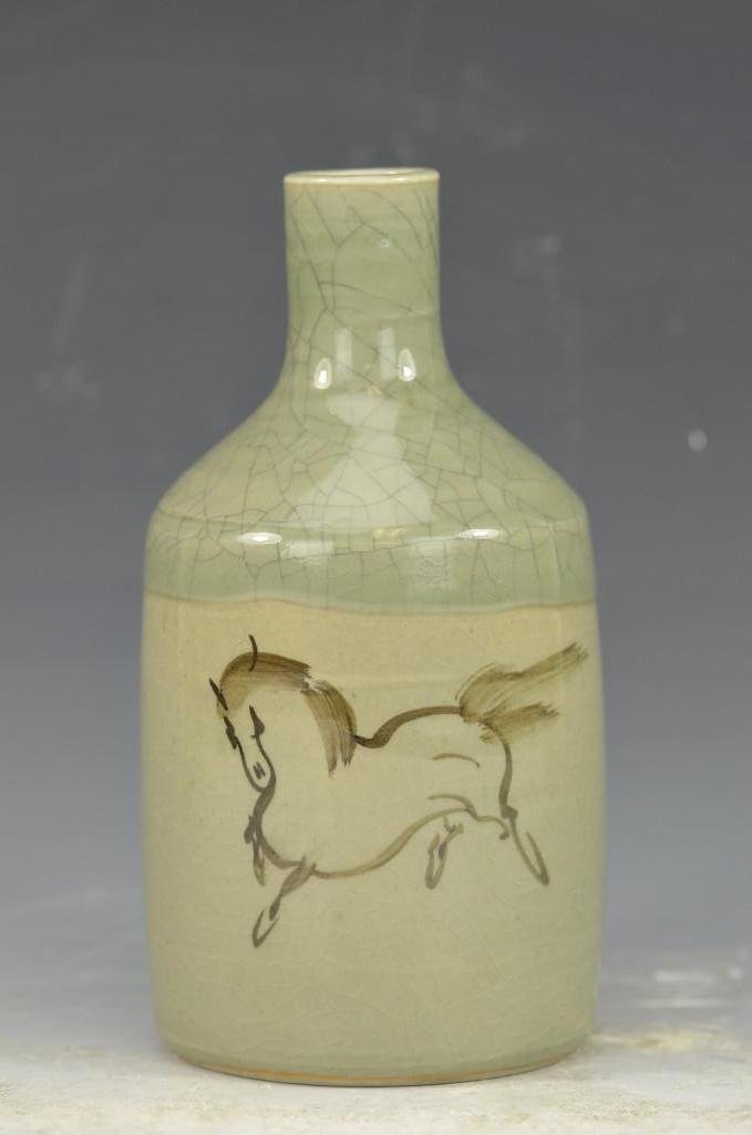 Antique Korean Celadon Glaze Bottle Vase: Antique Korean Celadon Glaze Bottle Vase. H: 8 Inches