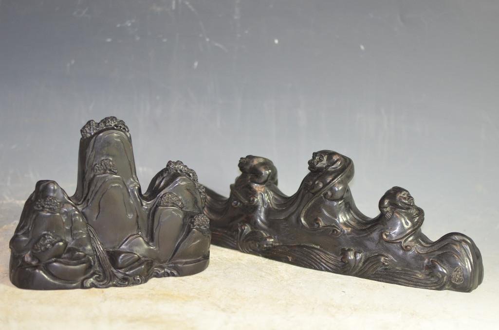 Two Heavy Chinese Carved Zitan/Hardwood Brush Rests: Heavy Chinese Carved Zitan/Hardwood Brush Rests; One with three peaks to form valleys for Brushes. Size: L: 6 Inches H: 5 Inches, The other is The Ocean Waves Forming Five Peaks and with Valleys for B