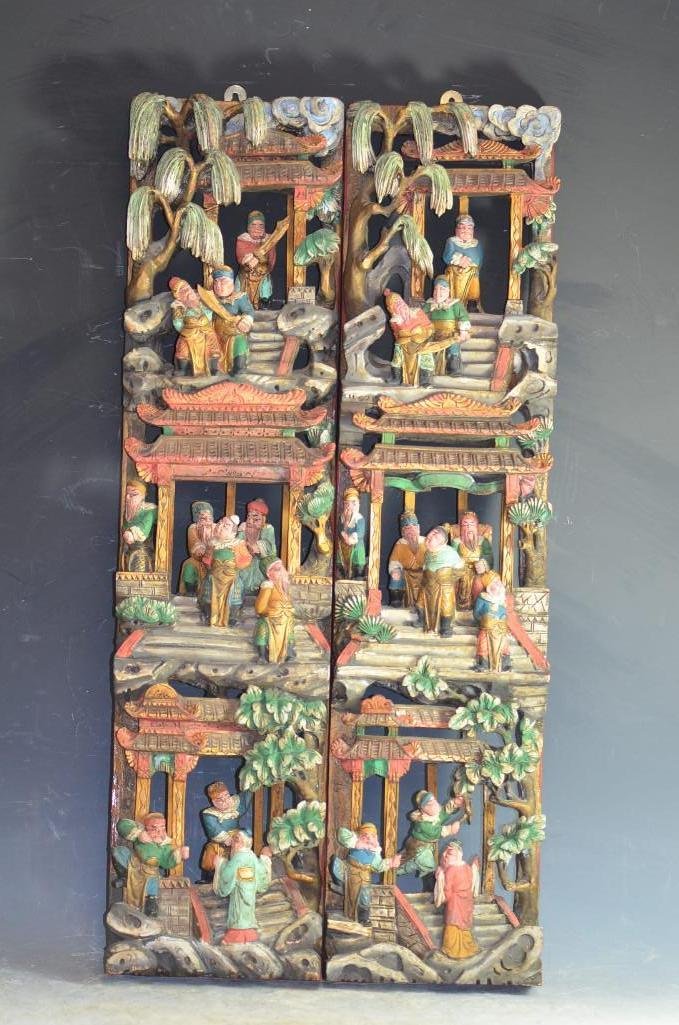Pair of Polychrome Carved Wood Wall Hangings: Pair of Polychrome Carved Wood Wall Hangings, H: 24 Inches