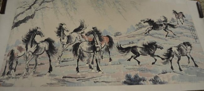 Chinese Painting of Ten Horses signed: Chinese Painting of Ten Horses, signed Xu Beihong; size: 96 x 47 Inches