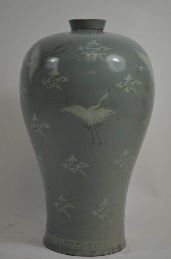 Antique Korean Celedon Porcelain Meiping: Antique Korean Celedon Porcelain Meiping; H: 13 Inches