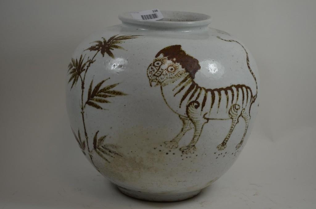 Antique Korean Underglaze Copper Red Tiger Deer: Antique Korean Underglaze Copper Red Tiger Deer Porcelain Vase; H: 13 Inches THIS LOT IS OFFERED WITH NO RESERVE. (Low Start Price is an indication that the lot has NO RESERVE or LOW RESERVE. It is no