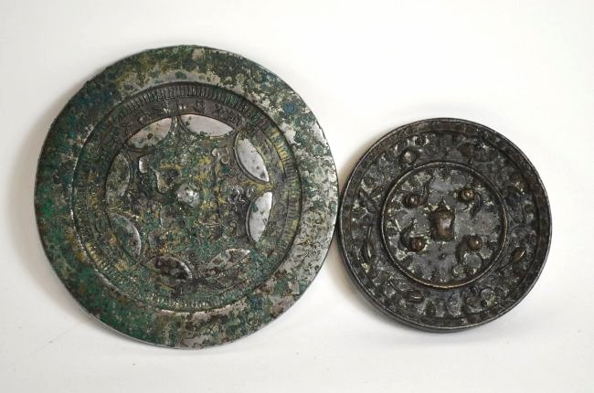 Two Chinese Bronze Mirrors: Two Chinese Bronze Mirrors, possibly antique, Han Dynasty, D: 5 Inches(Larger)