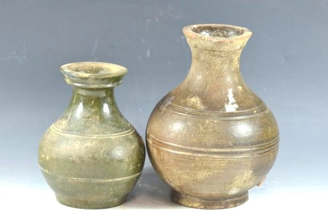 Two Han Dynasty Green Glaze Porcelain Vases: Two Han Dynasty Green Glaze Porcelain, H: 9 Inches (tallest)