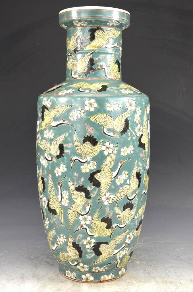 Pale Green Ground Porcelain Vase With Crane: Pale Green Ground Porcelain Vase With Crane ; H: 18 Inches