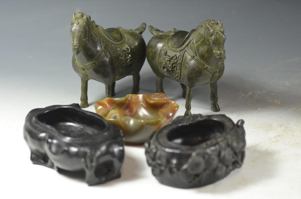 Five Chinese Items: Five Chinese Items: Two Horses, Three Brush Washers; L: 3 Inches