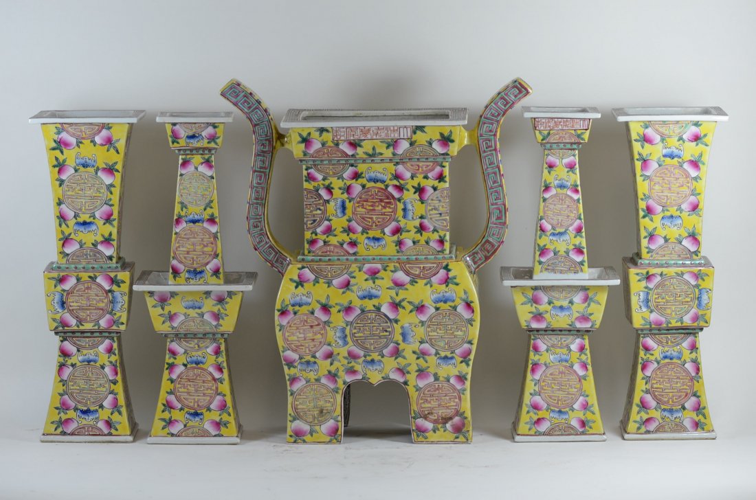 Five Piece Famille Rose Porcelain Altar Set: Five Piece Famille Rose Porcelain Altar Set; H: 15 Inches