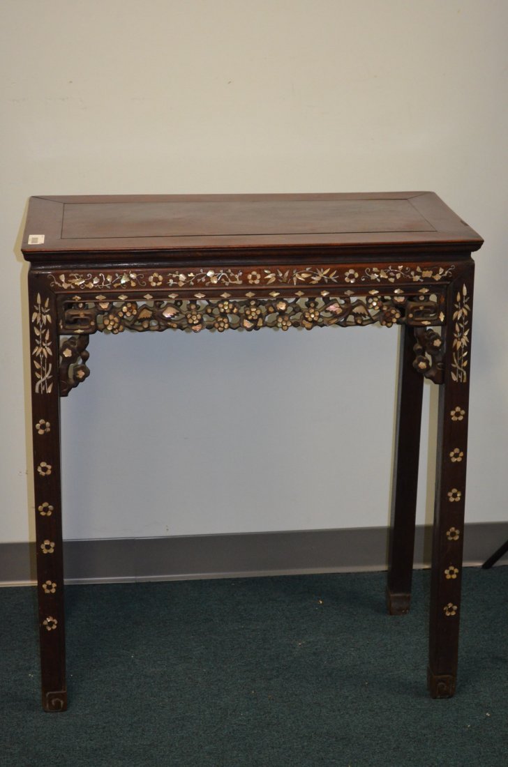 Chinese Mother of Pearl Inlaid Hard Wood Altar Table: Chinese Mother of Pearl Inlaid Hard Wood Altar Table Size: 34 x 30 x 16.5 Inches