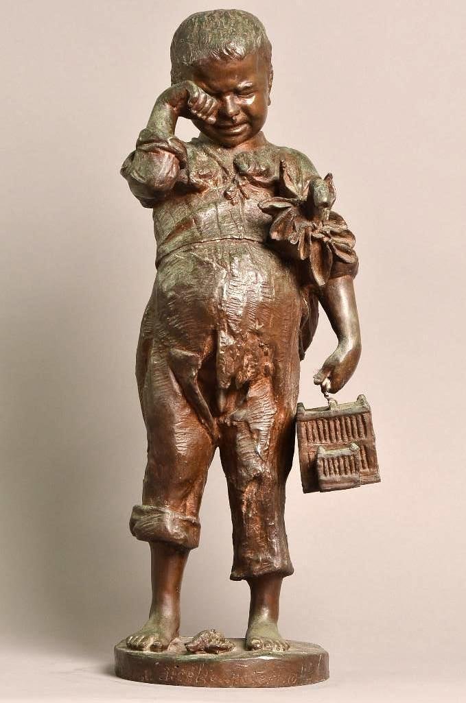 Bronze Statue of Crying Boy Based Signed By Artist: Bronze Statue of Crying Boy Based Signed By Artist; H: 20.5 Inches