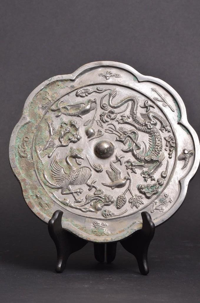 Chinese Bronze Mirror With Phoenix & Dragons: Chinese Bronze Mirror With Phoenix & Dragons Representing the Yin & Yang; D; 9 Inches