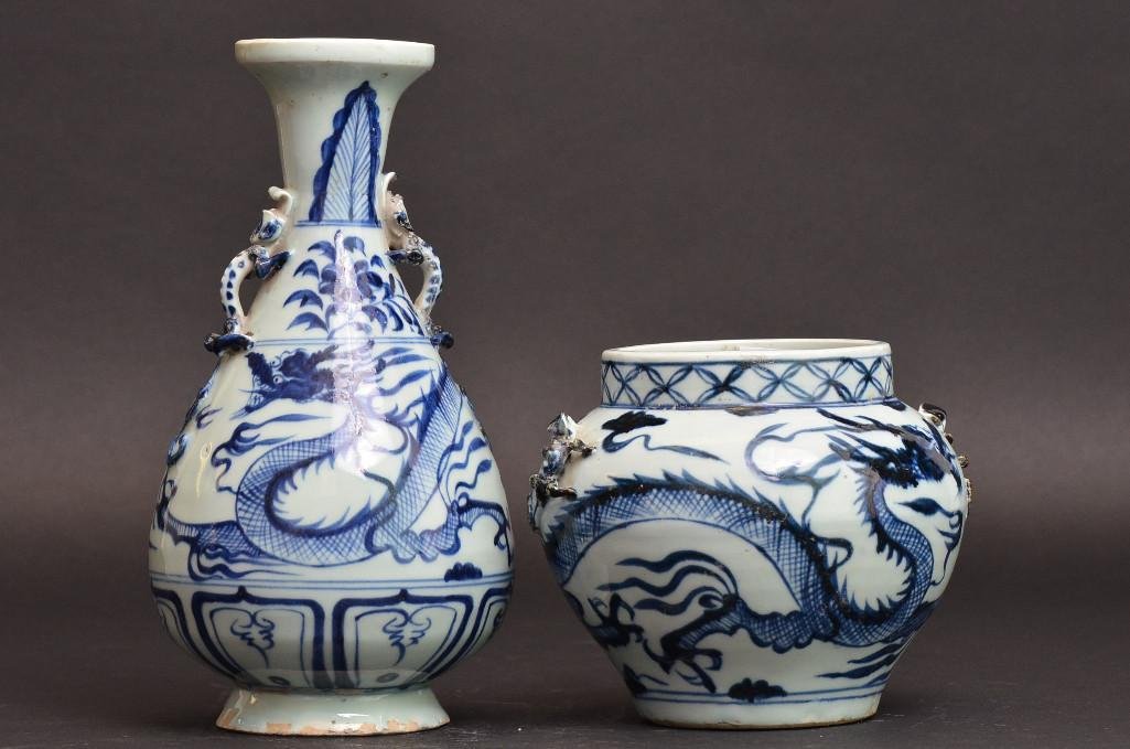 Two Chinese Blue and White Porcelain Dragon Vases: Two Chinese Blue and White Porcelain Dragon Vases both with dragon handles and ruyi scepter shaped clouds; H: 10 Inches