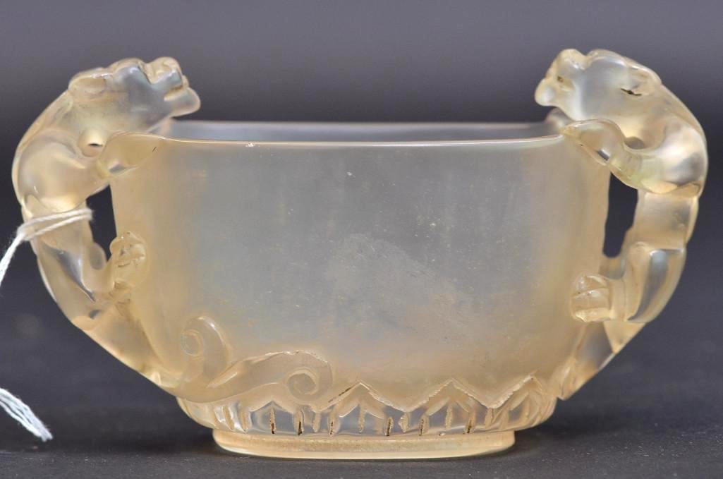 Chinese Carved Crystal Bowl with Double Chi Ling: Chinese Carved Crystal Bowl with Double Chi Ling Handles; D: 5.5 Inches