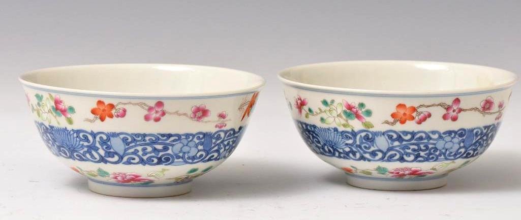 Pair of Antique Eggshell Porcelain Flower Cups: Pair of Antique Chinese Eggshell Porcelain Flower Cups with central blue band and multicolor flowers surrounding, delicate orange peel texture to the glaze and seal mark to the base; D: 5.75 Inches