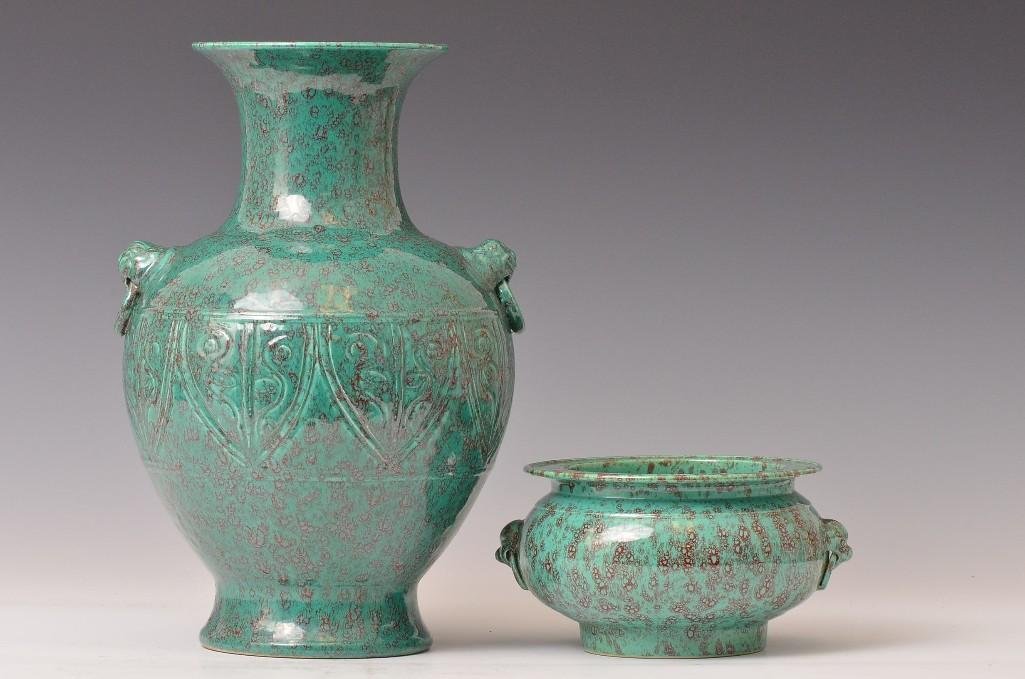 Two Robins Egg Blue Glaze Porcelain Items: Two Robins Egg Blue Glaze Porcelain Items; One Bowl and One Vase; H: 13 Inches