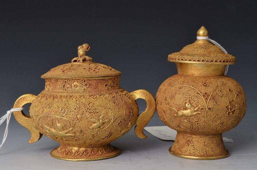 Two Gilt Chinese Lidded Vessels: Two Gilt Chinese Lidded Vessels; H: 3.5 Inches