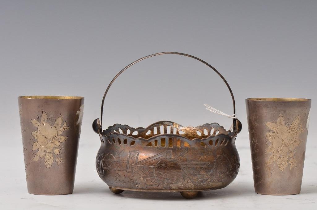 Three Russian Silver Items: Three Russian Silver Items; One Sugar bowl, Two Shot Glasses; D: 4.25 Inches
