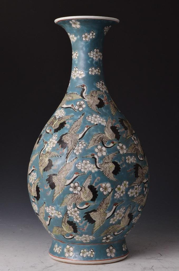 Chinese Pale Green Ground Porcelain Vase: Chinese Pale Green Ground Porcelain Vase with Flying Cranes; H: 16.5 Inches