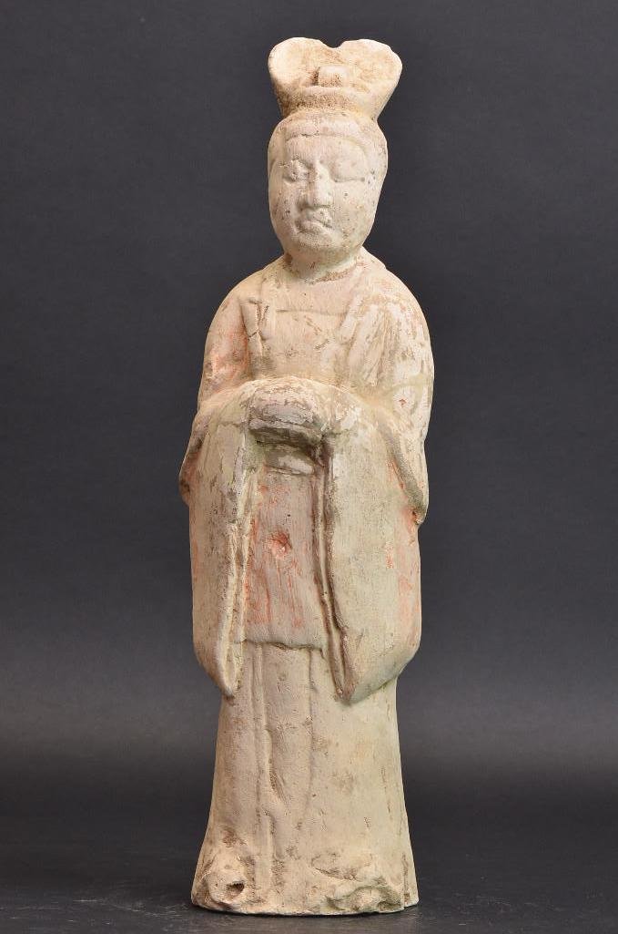 Chinese Han Dynasty Clay Standing Nobleman: Chinese Han Dynasty Clay Standing Figure of a Nobleman with traces of original polychrome pigments; H: 19 Inches
