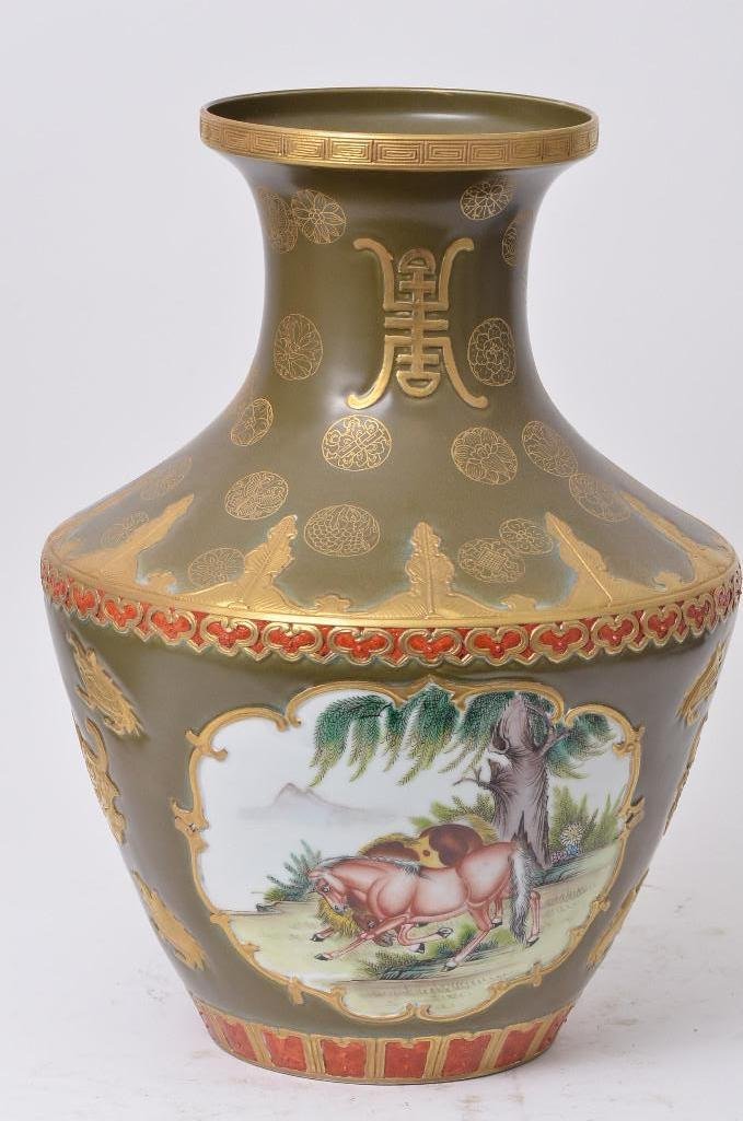 Chinese Famille Rose Tea Dust Ground Square Vase: Chinese Famille Rose Tea Dust Ground Porcelain Square Vase; H:16 Inches
