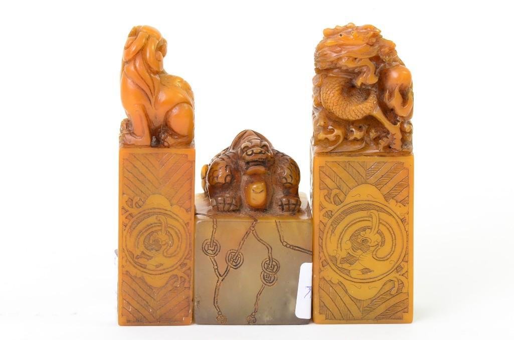 Three Chinese Soapstone Seals,: Three Chinese Soapstone Seals, One Foo Lion, One Dragon, and One Stylized Chinese Mythical Beast; H: 5.25 Inches