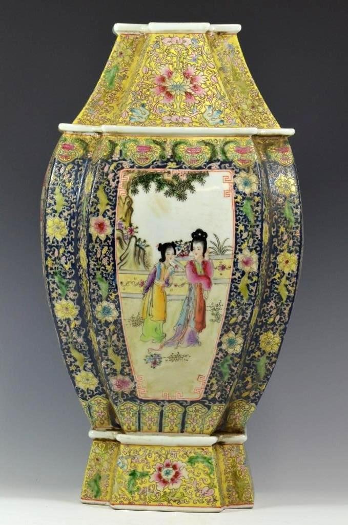 Chinese Yellow Ground Famille Rose Square Porcelain Vas: Chinese Yellow Ground Famille Rose Square Porcelain Vase; H: 18.5 Inches
