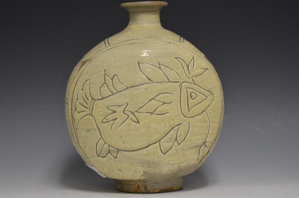 Antique Korean Cream Glaze Porcelain Moon Flask Vase: Antique Korean Cream Glaze Porcelain Moon Flask Vase With Incised Decoration of Stylized Fish & Flower; H: 9.5 Inches