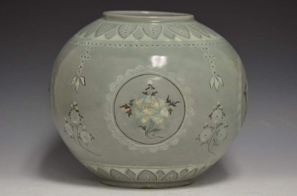 Antique Korean Celedon Glazed Globular Porcelain Vase: Antique Korean Celedon Glazed Globular Porcelain Vase With Four Medallions of Underglaze Flower Painting Flanked By Various Flowers. Two Bands of Painting TO the Rim & Base; H: 9 Inches