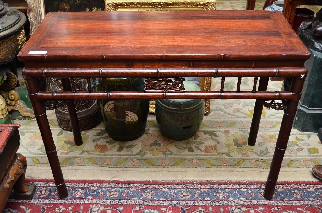 Chinese Altar Table: Chinese Altar Table legs carved in imitation bamboo style with carved decorative elements; Dimensions: 43 x 32.5 x 17.25 Inches