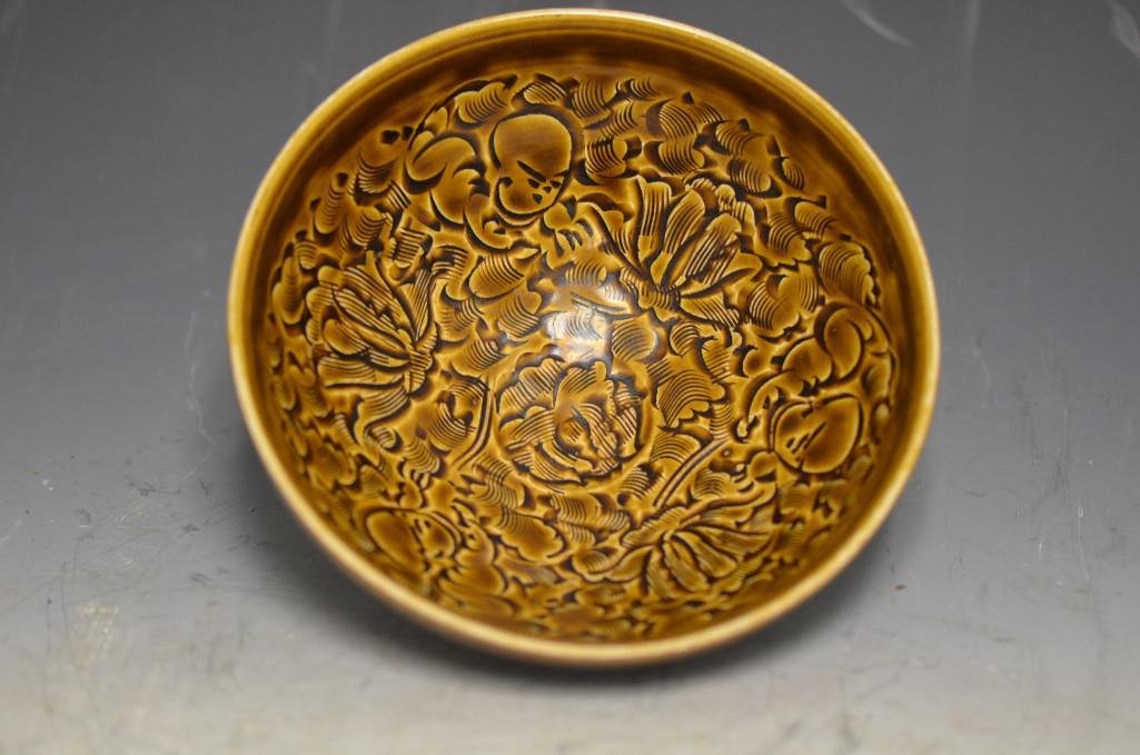 Chinese Brown Glaze Porcelain Bowl: Chinese Brown Glaze Porcelain Bowl With Incised Decoration On The Interior; D; 6 Inches
