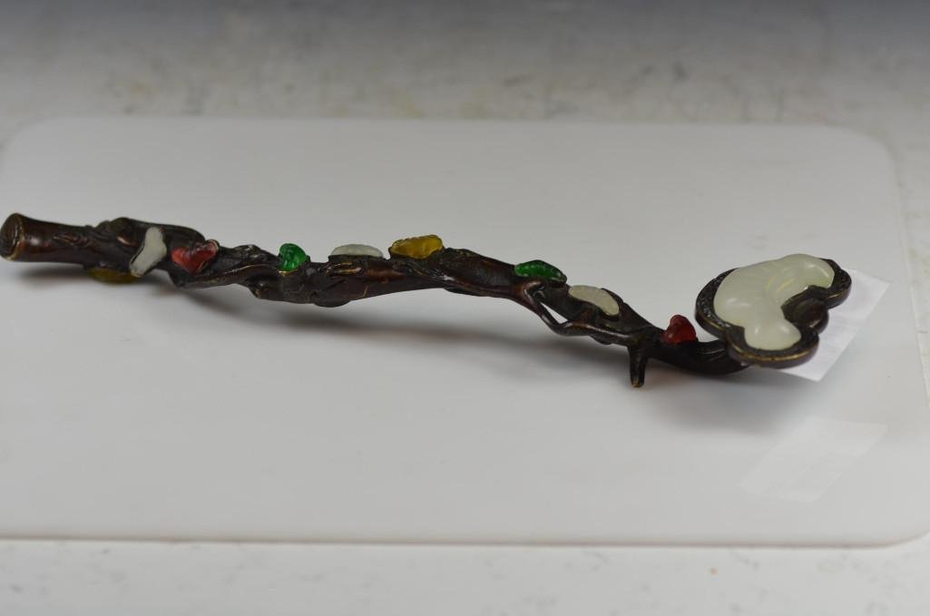 Chinese Bronze Ruyi Scepter Inlaid with Stones: Chinese Bronze Ruyi Scepter Inlaid WIth Various Carved Stones; L: 11 Inches