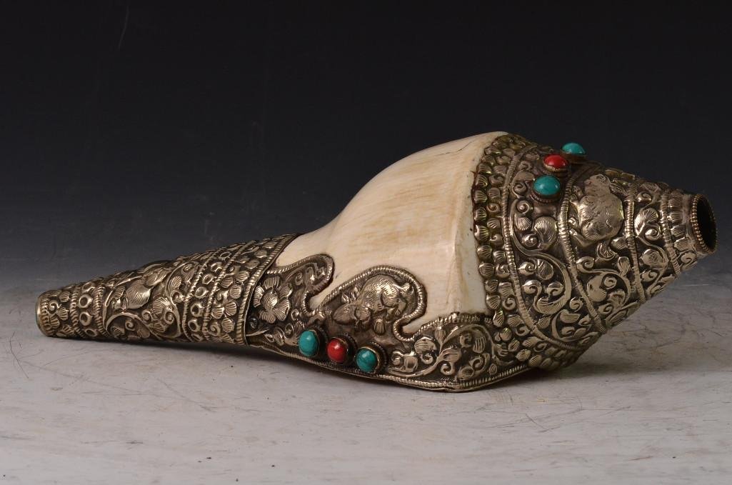 Tibetan Shell With Silver Casing & Decorative Elements: Tibetan Shell With Silver Casing & Decorative Elements; L:10.5 Inches