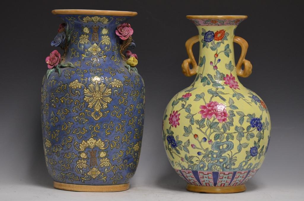 Two Chinese Porcelain Vases with floral designs: Two Chinese Porcelain Vases Hand painted with floral designs; H: 12 Inches
