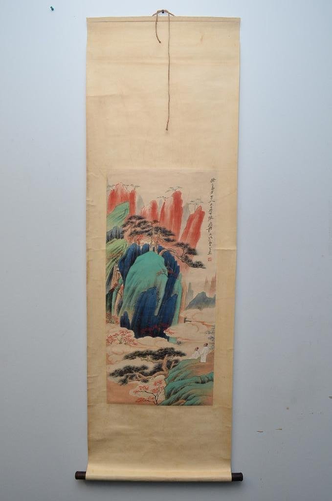 Chinese Scroll Painting of Rocky Mountain Landscape: Chinese Scroll Painting of Red & Green Rocky Mountain Landscape; Painting Dimension: 16 x 35 Inches
