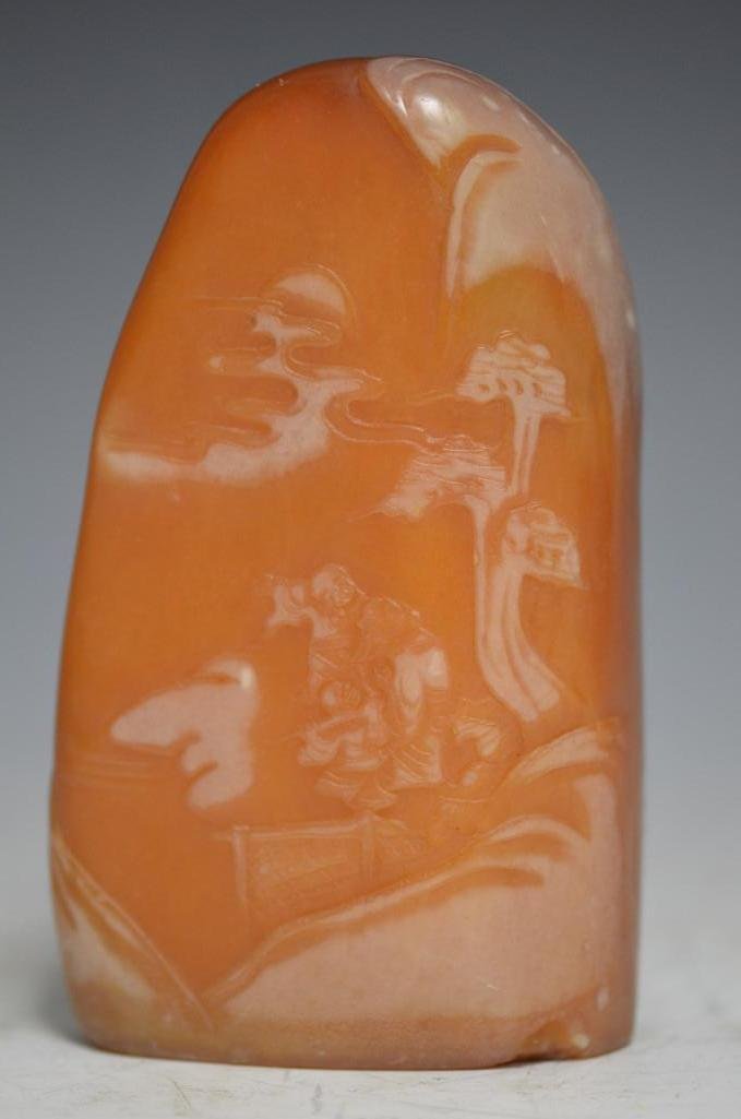 Carved Soapstone Mountain: Carved Soapstone Mountain: The Carving In High Relief Depicts A Continuous Band of Mountain Landscape with Lohan; H: 4.75 Inches