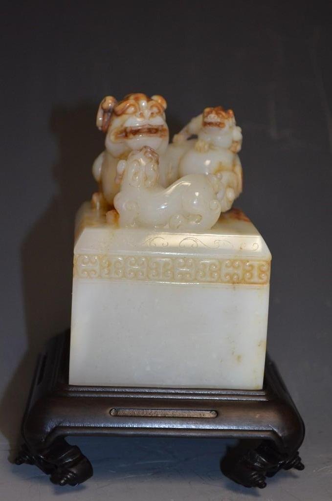 Antique White Jade Seal Wood Stand with GIA certificate: Antique White Jade Seal with Chiling family, and russet duffusion Wood Stand with GIA certificate