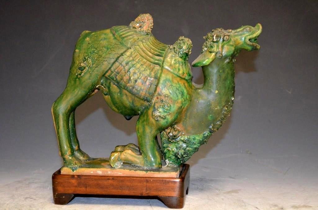 Antique Ming Dynasty Green Glaze Ceramic Camel: Antique Ming Dynasty Green Glaze Ceramic Camel, H: 6 Inches