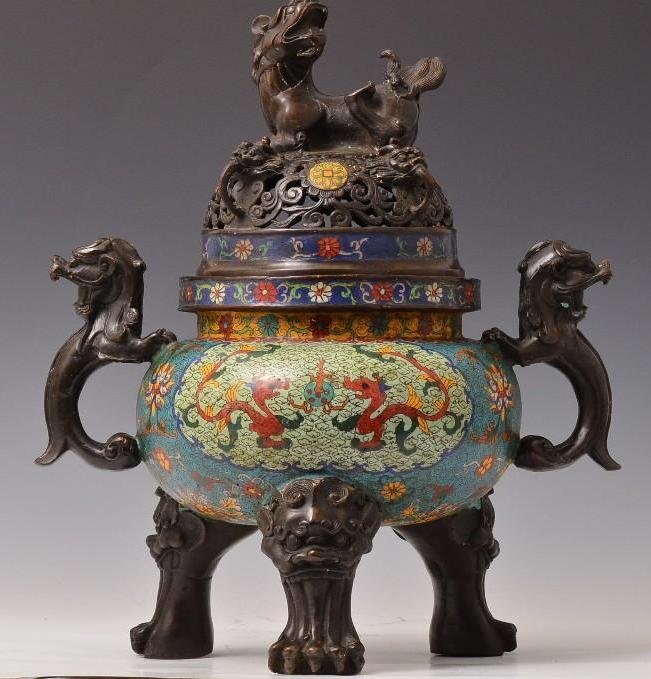 Chinese Cloisonne Lidded Tripod Censer: Chinese Bronze and Enamel Cloisonne Lidded Tripod Censer, Foo Lion Forms on Lid, Handles, and Feet with Bronze and Enamel, Cloisonne Body; H: 18 Inches
