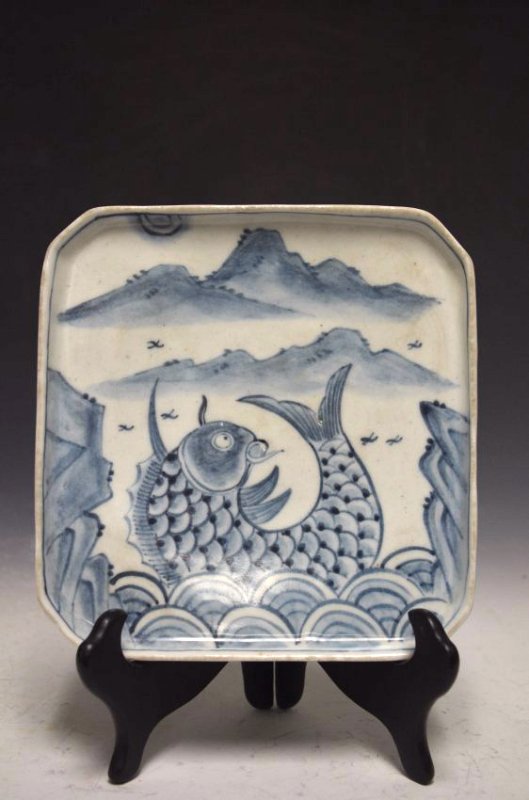 Antique Korean Porcelain Square Footed Dish With Fish: Antique Korean Porcelain Square Footed Dish With Fish; H: 1.5 Inches. W: 7.5 Inches. L: 7.5 Inches