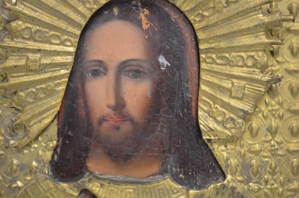 19th Century Russian Icon of Jesus: 19th Century Russian Antique Hand painted Icon of Jesus on Board