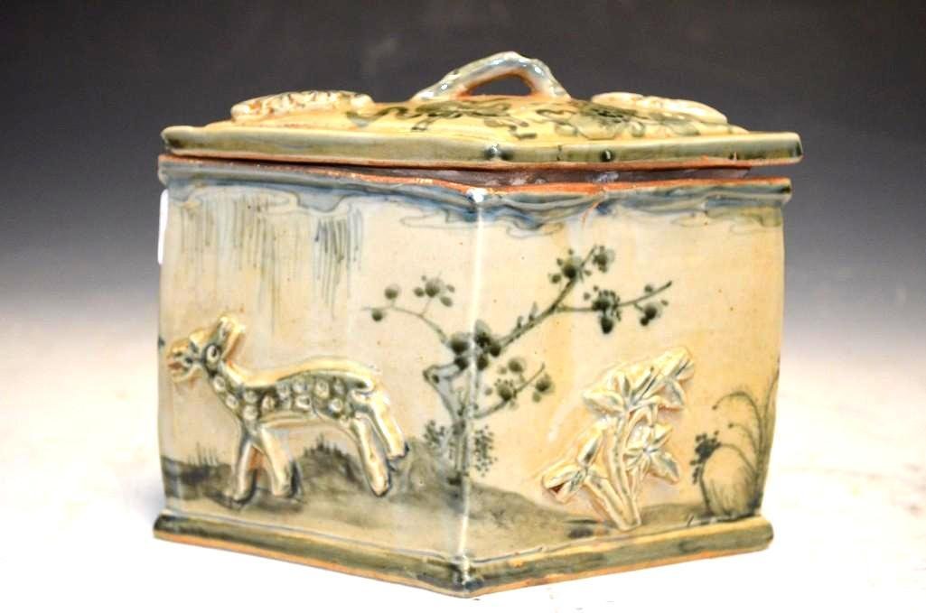 Chinese Porcelain Lidded Square Box: Chinese Porcelain Lidded Square Box with Painting of Horses/Dogs Amongst a Natural Landscape; H: 5 Inches L: 8.5 Inches