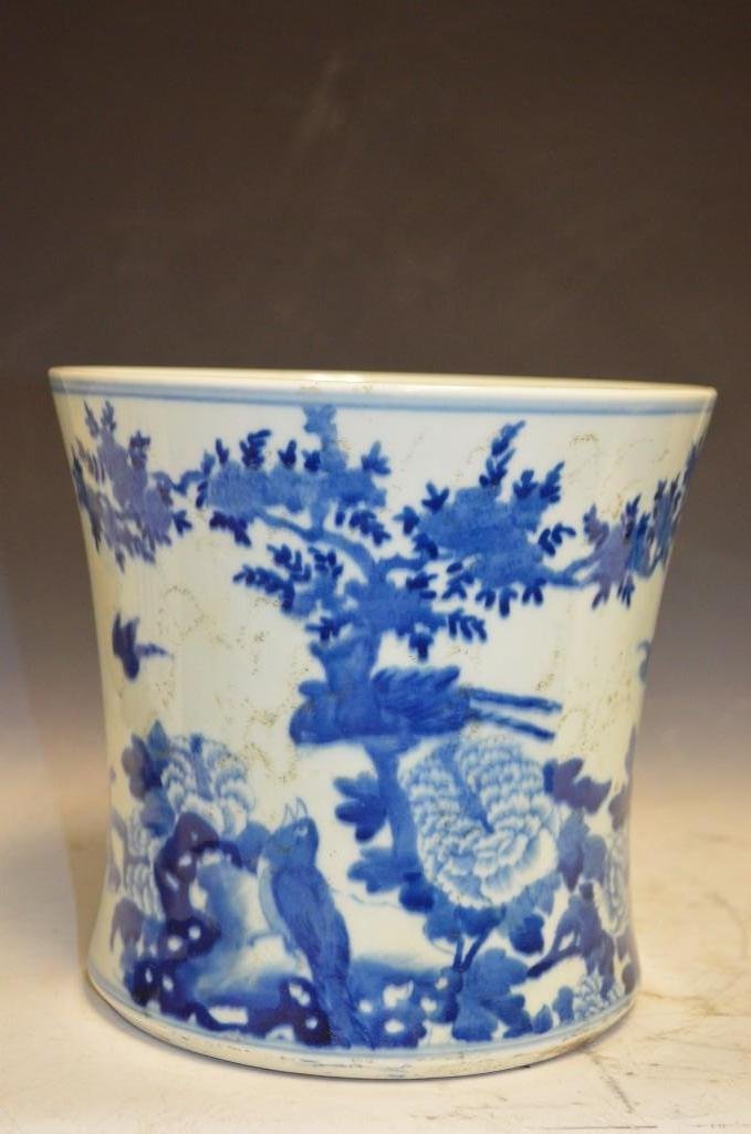 Chinese Blue & White Porcelain Brush Washer: Chinese Blue & White Porcelain Brush Washer Depicting a scene of birds amongst flowers and trees with six character mark to the base.; H: 8.5 Inches
