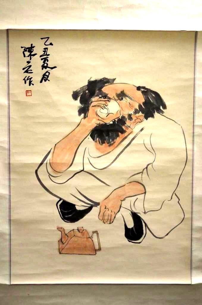 Chinese Scroll Painting: Chinese Scroll Painting of a Monk drinking a cup of tea; Dimensions: 20 x 27 inches