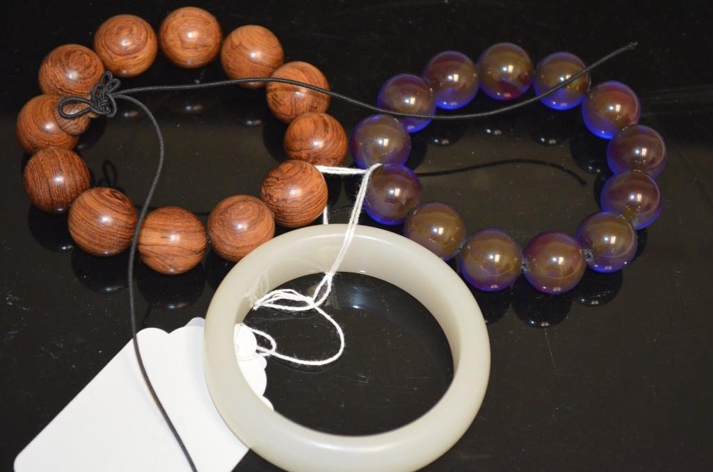 Three Chinese Items: Three Chinese Items: Two Beaded Bracelet, One Bangle; D; 3 Inches