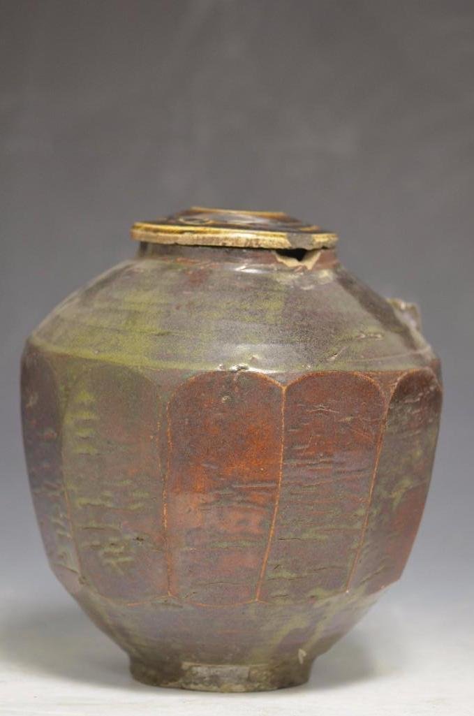 Antique Korean Brown Glaze Stoneware Lidded Vessel: Antique Korean Brown Glaze Stoneware Lidded Vessel; H: 9.5 Inches