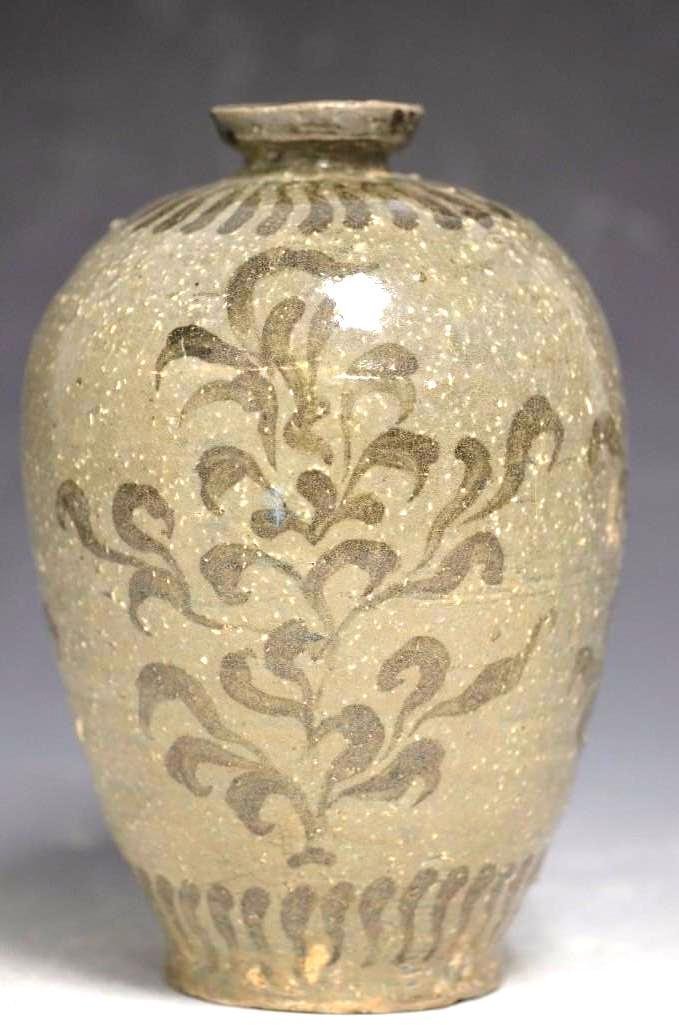 Antique Korean Painted & Glazed Stoneware Vase: Antique Korean Painted & Glazed Stoneware Vase; H: 9 Inches