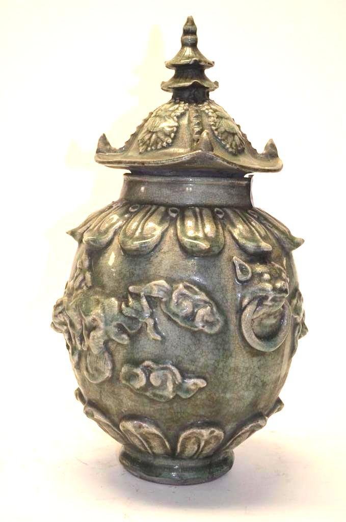 Chinese Celadon Glaze Lidded Porcelain Jar (1 of 5)