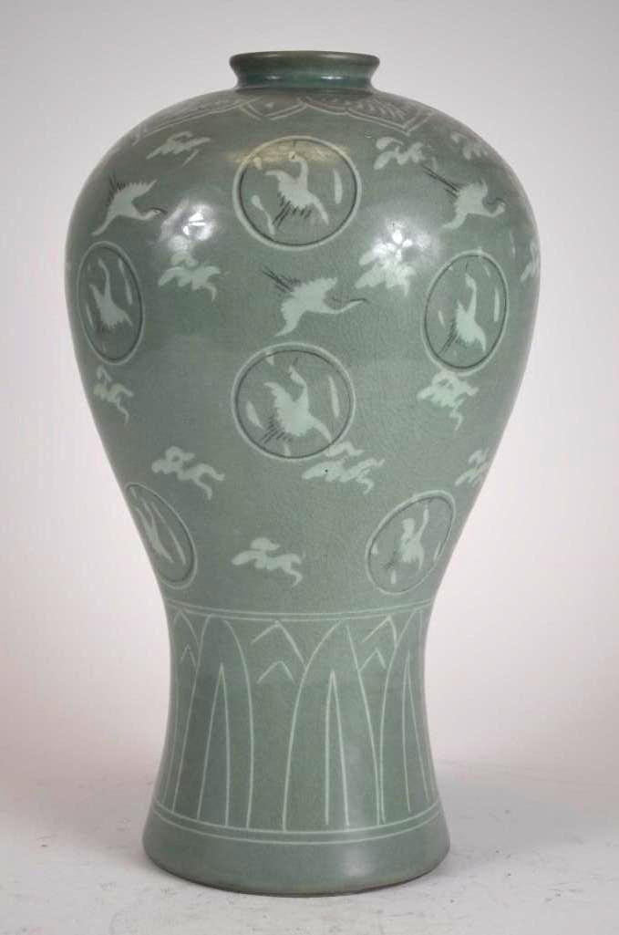 Korean Porcelain Celadon Vase With Cranes (1 of 2)